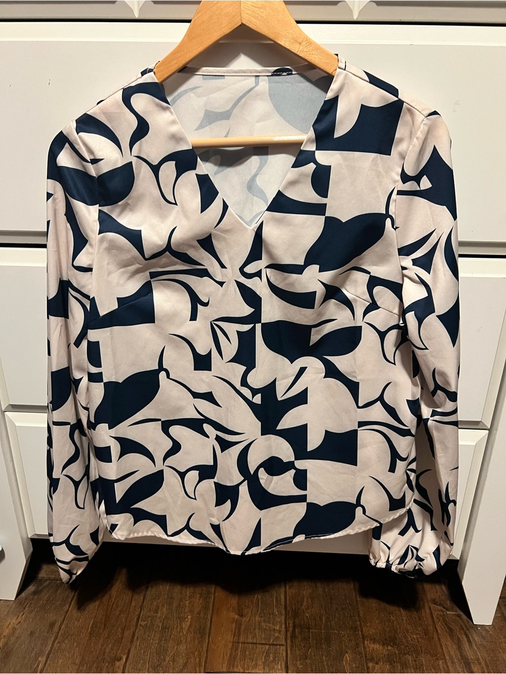 SHEIN Cream Blouse with Navy Abstract Pattern